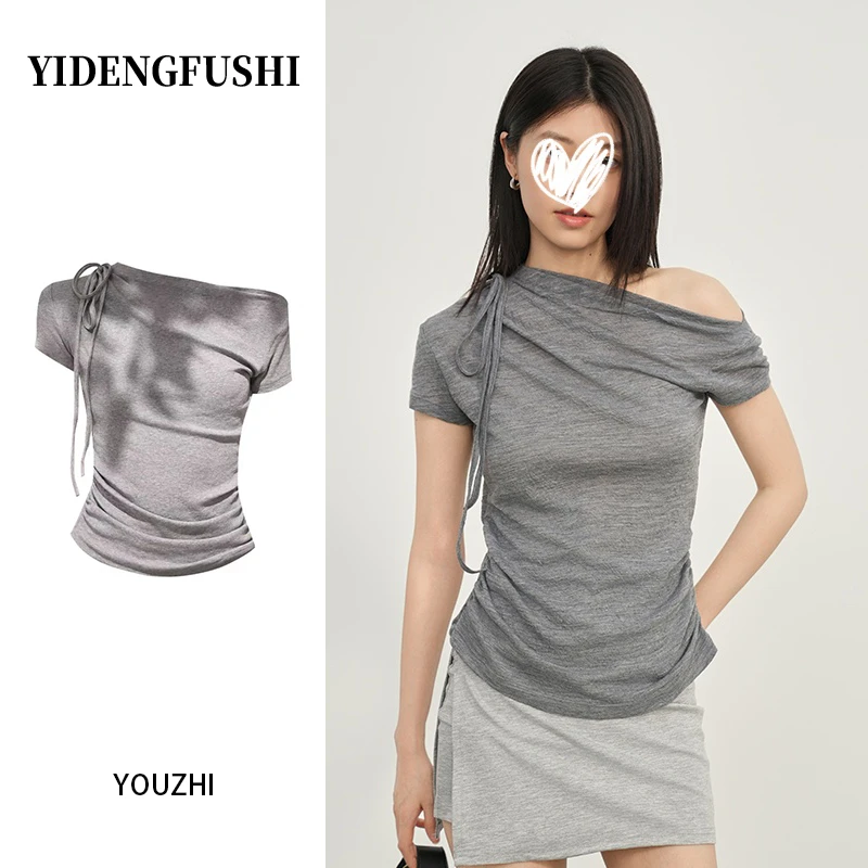 YIDENG韩版夏季新款复古经典纯色肌理斜肩系带正肩短袖T恤上衣潮