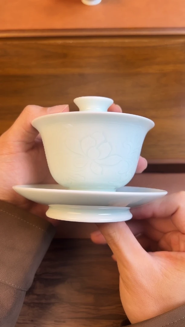 问青坊纯手工青白瓷半刀泥花卉柴窑三才盖碗