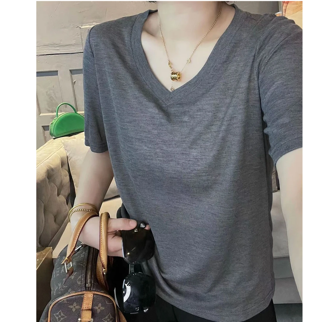 莱赛尔天丝V领薄款短袖t恤女夏季新款体恤上衣设计宽松洋气打底衫