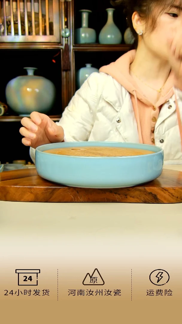 全手工天青色大茶盘不完美