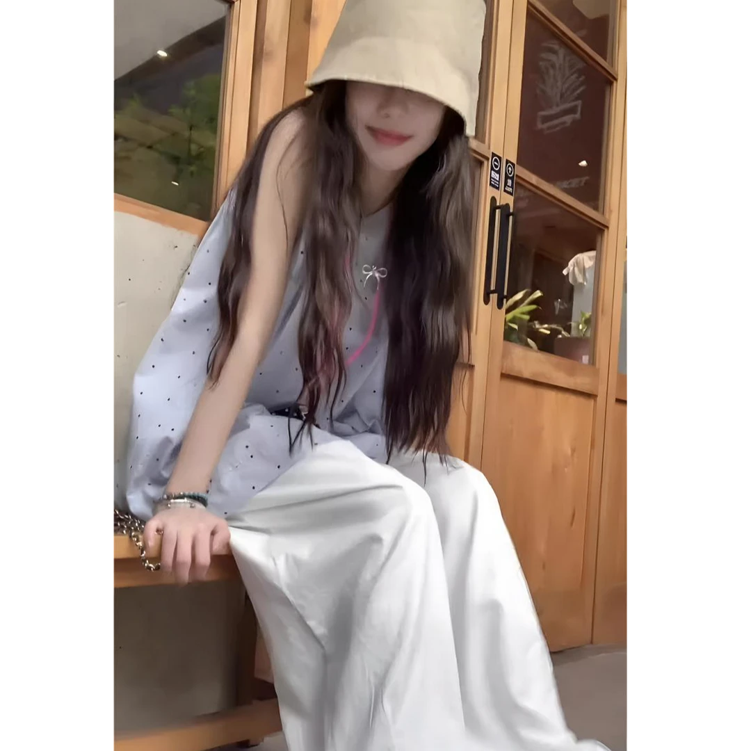 波点无袖T恤女夏设计感小众减龄百搭上衣外穿大版宽松背心娃娃衫