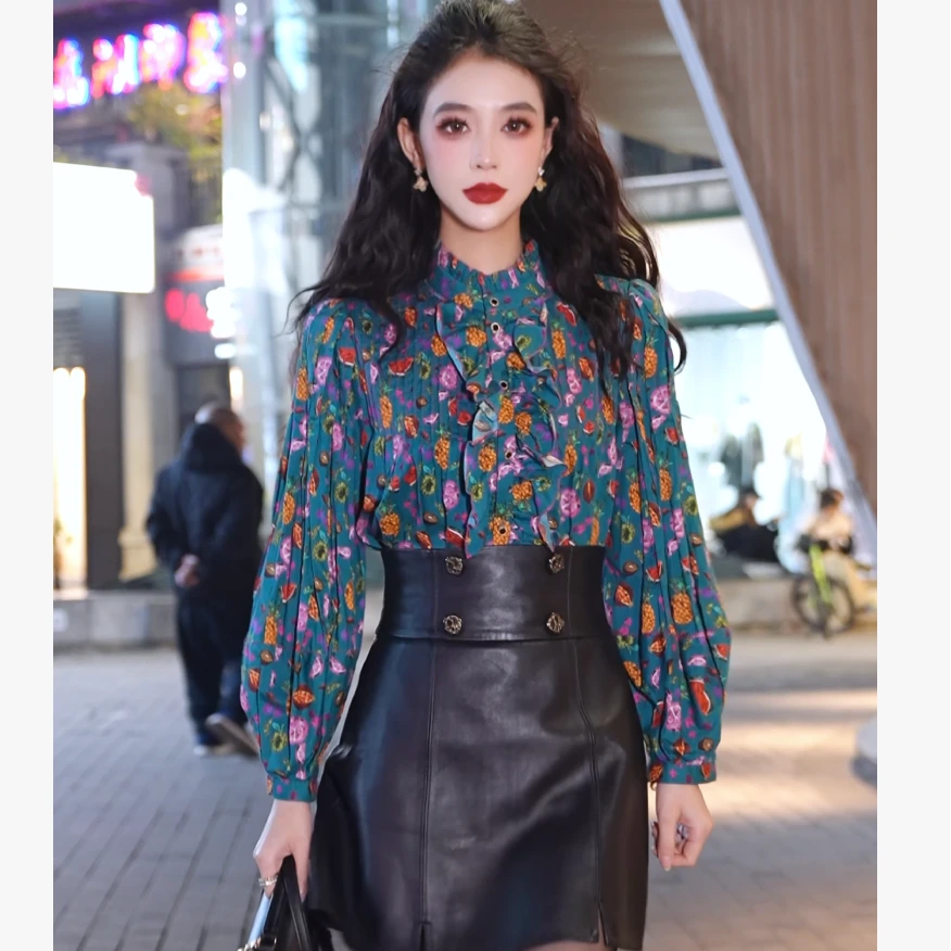 AMASS/阿玛施宫廷风通勤百搭气质长袖廓形水果印花衬衫女5300943