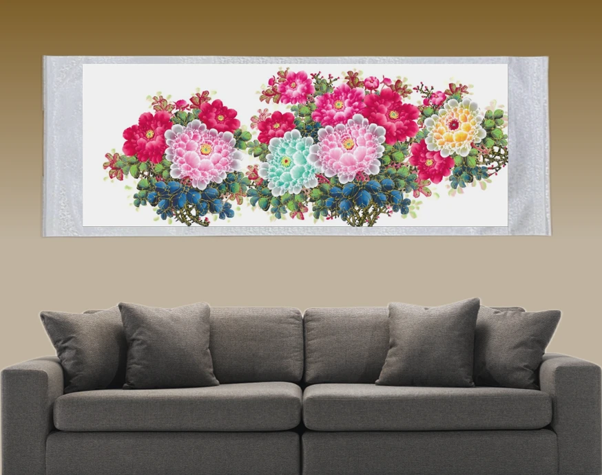 小六尺《水晶牡丹》卷轴装裱尺寸2米*0.75米，高端大气国风装饰画