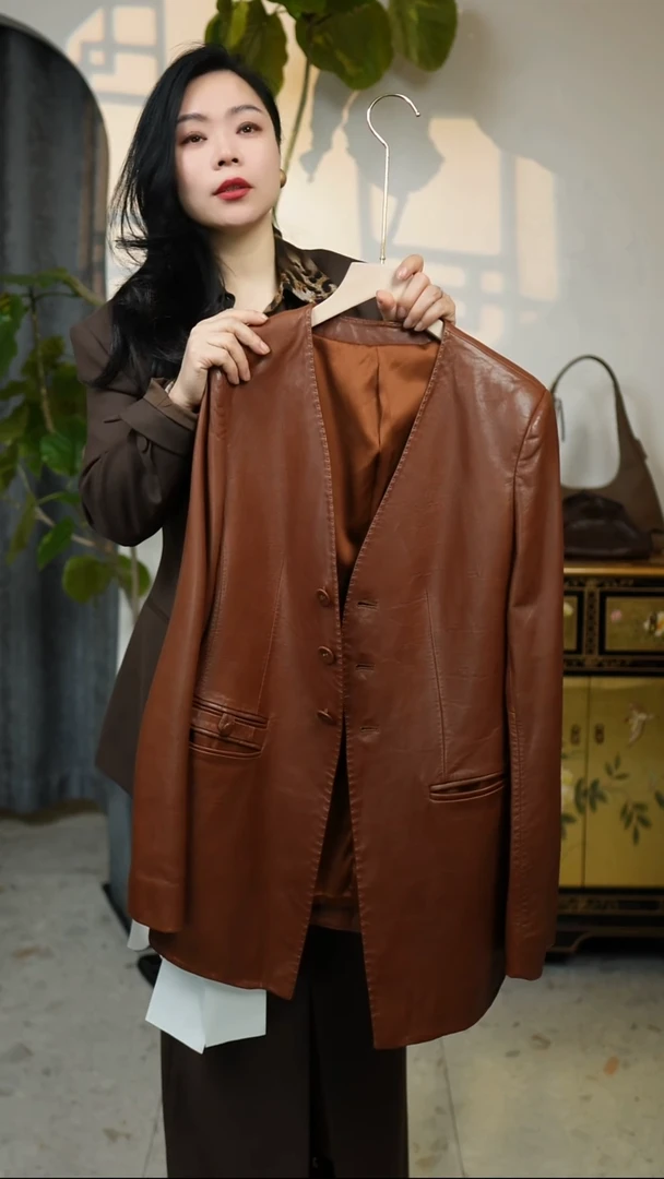 轻奢真皮西装上衣，棕色，L码（76腰围）