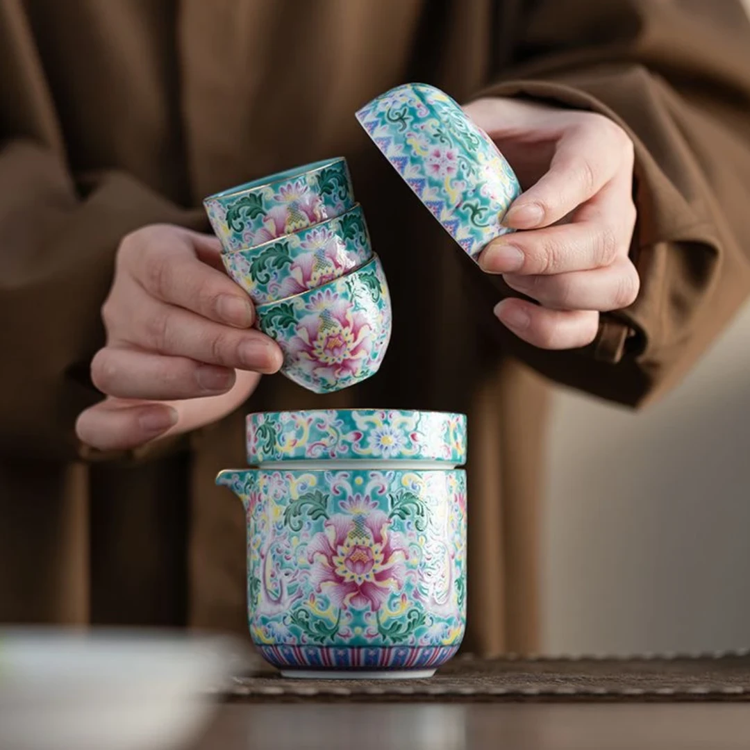 器城-珐琅彩宝相花旅行功夫茶具套装便携式陶瓷一壶三杯1265