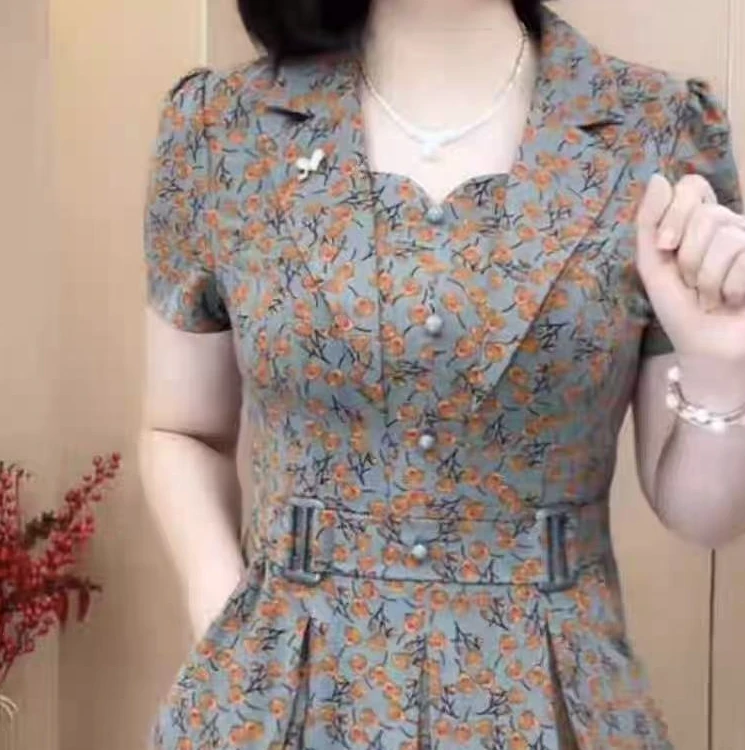 A1963 时尚夏季显瘦连衣裙女翻领减龄碎花休闲女士裙子