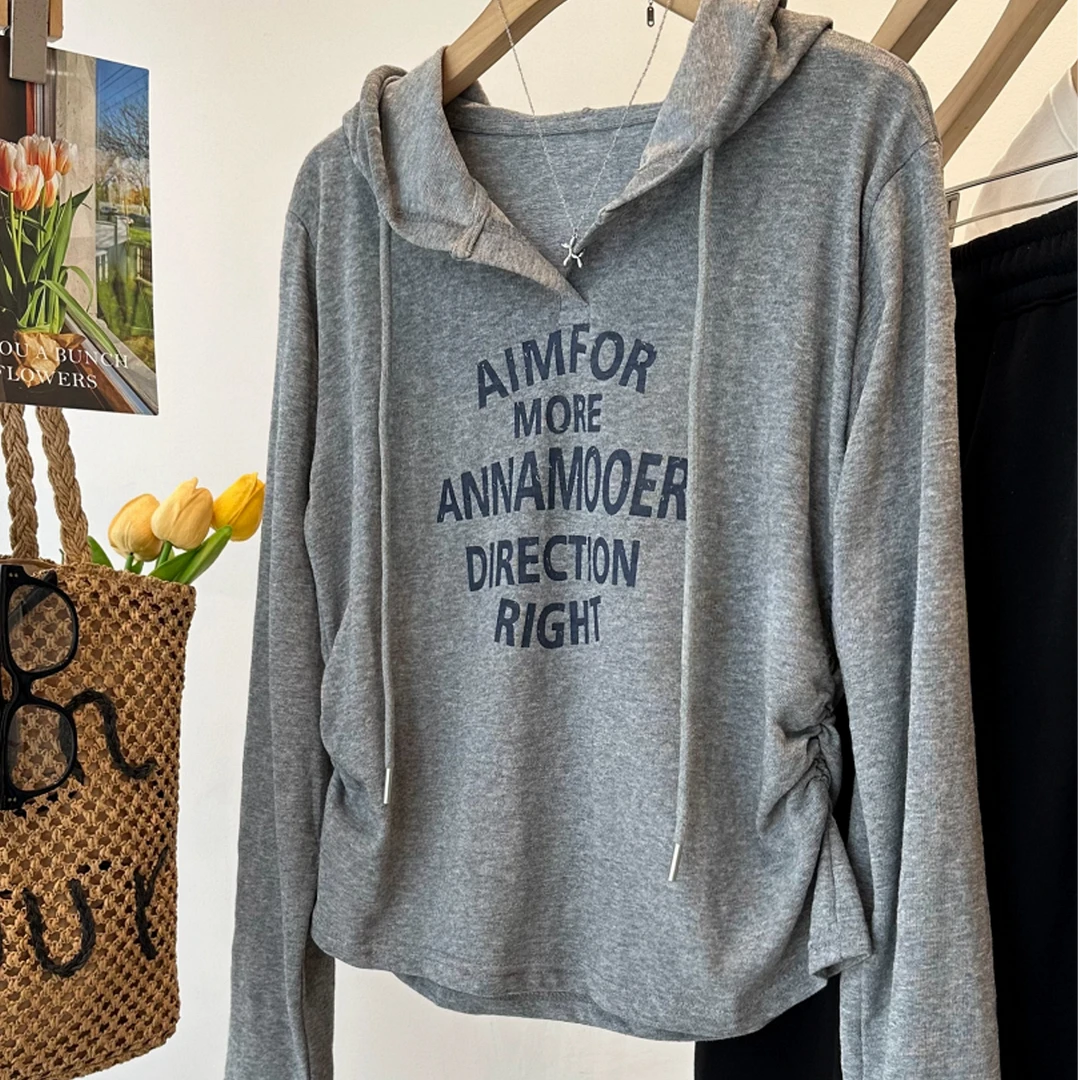 休闲百搭复古字母印花两侧褶皱连帽长袖T恤女秋季新款宽松上衣潮