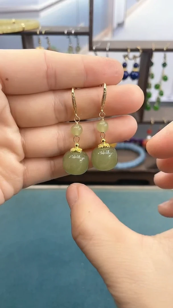 银S925镶嵌和田玉耳饰14mm晴水双珠耳钩