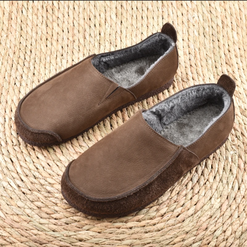 新款百搭男士头层牛皮冬季加绒圆头套脚豆豆鞋软底软面皮保暖棉鞋