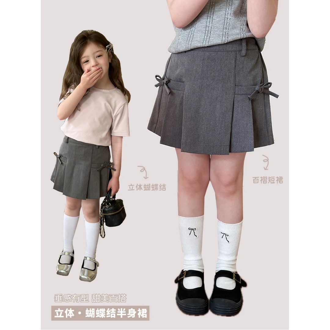 【现货已开价】短裙子垂感半身裙女童甜美立体蝴蝶结百褶裙25B166