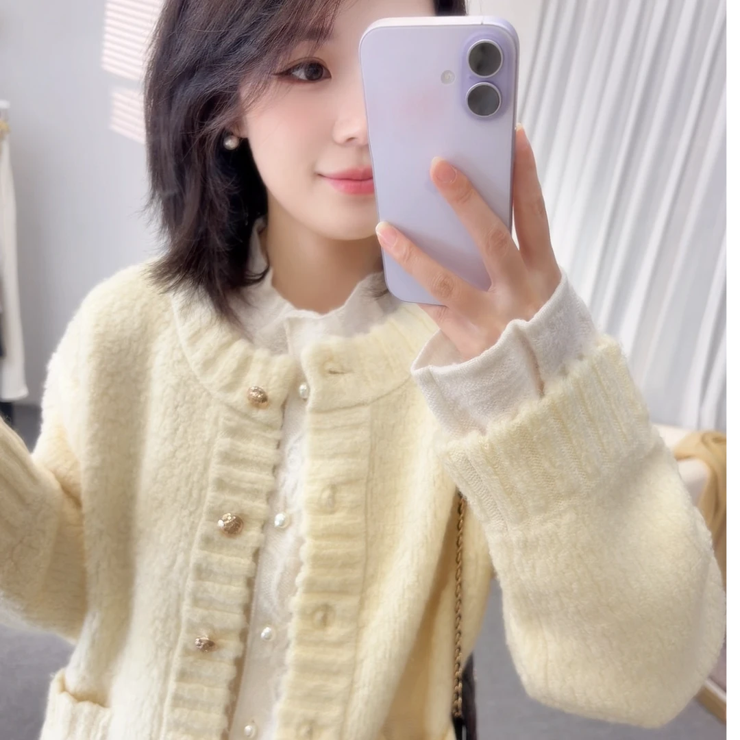 #100%绵羊毛#秋冬厚款圆领纯色圈圈毛 小香风开衫XX915