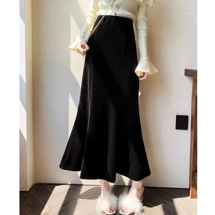 【苗姐优选】时尚加厚丝绒半身裙子女气质高腰鱼尾包臀长裙62021BY