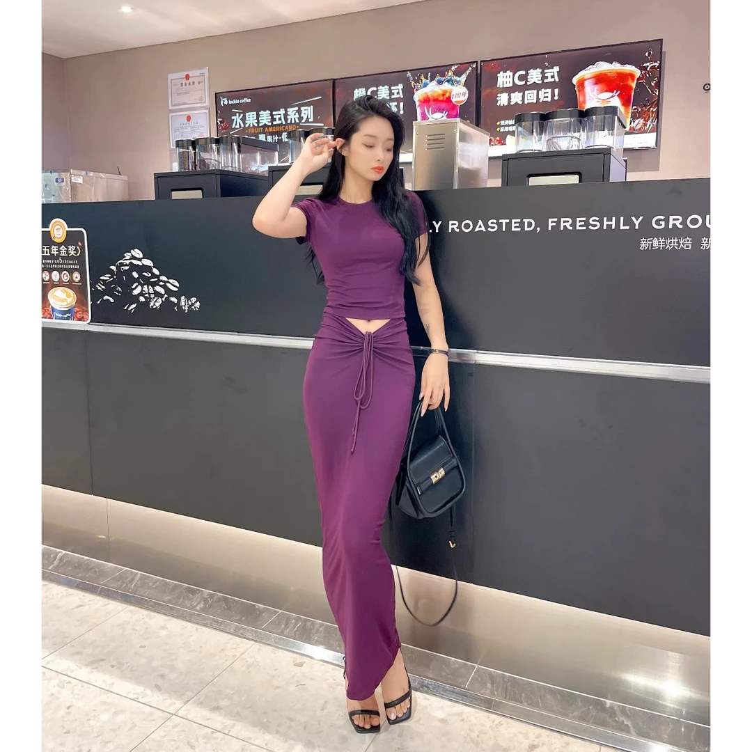 盐系轻熟两件套女夏装辣妹紫色正肩短袖T恤上衣高腰包臀裙半身裙
