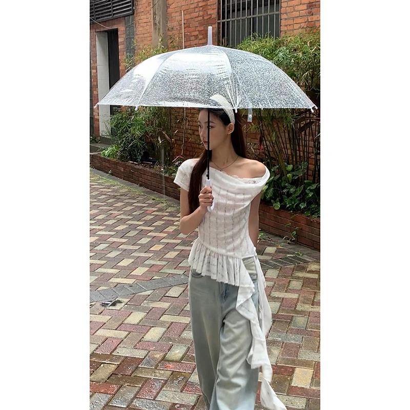 【HRG清仓】春夏ins小众斜肩拼接蕾丝不规则木耳边T恤251H1189