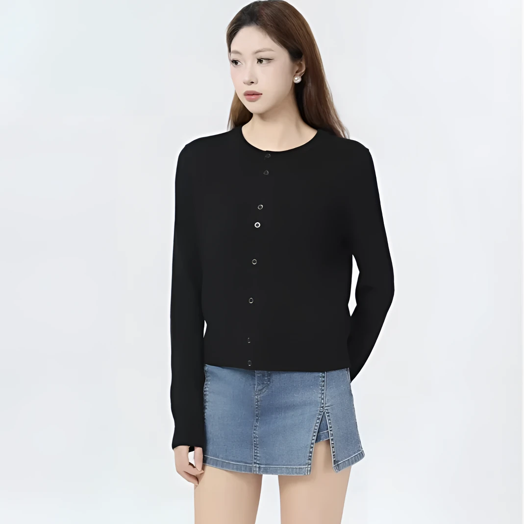 GIRDEAR/哥弟显瘦新款时尚气质百搭圆领纯色针织开衫外套148023