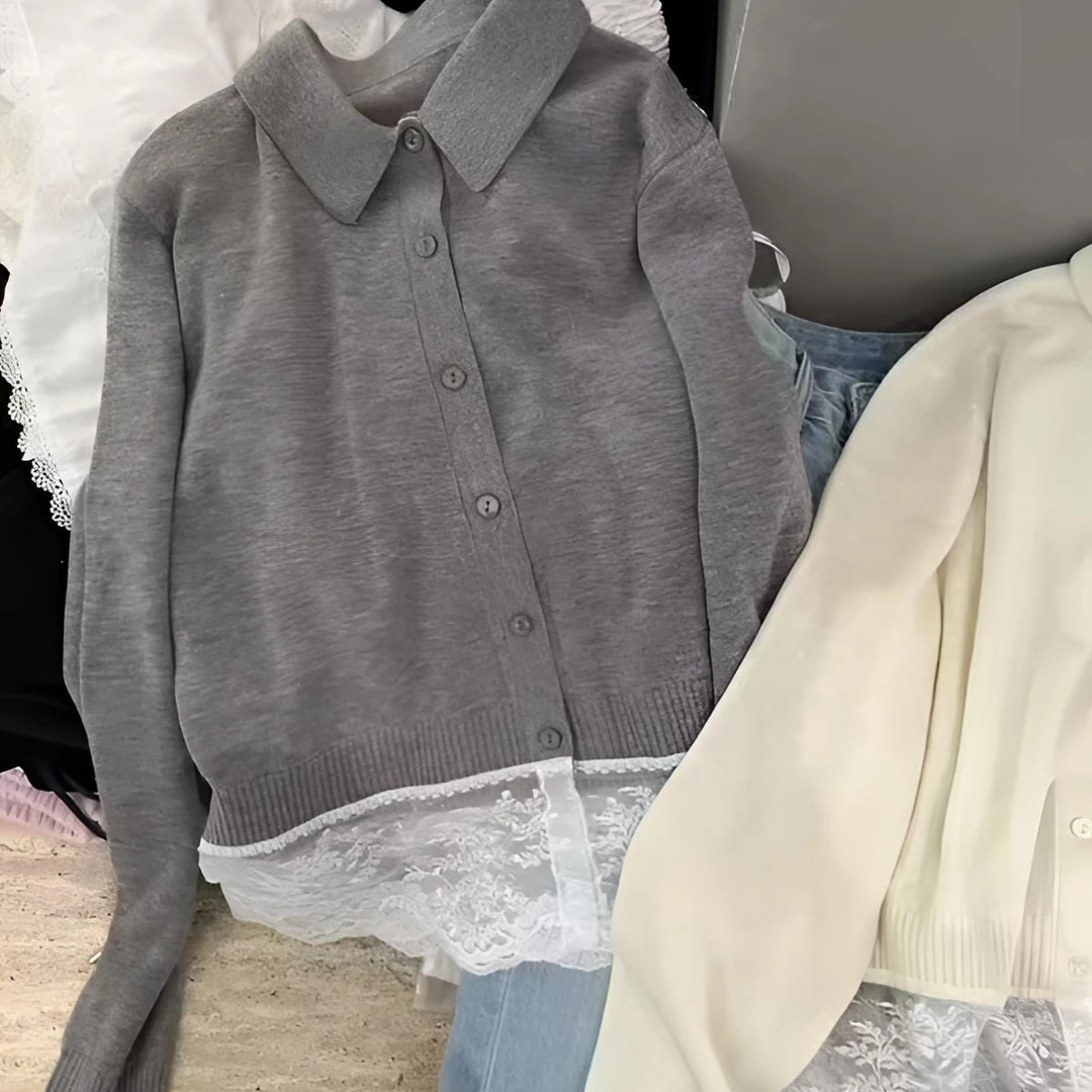 【 雨•美 推荐 】5548时尚百搭下摆拼蕾丝开衫