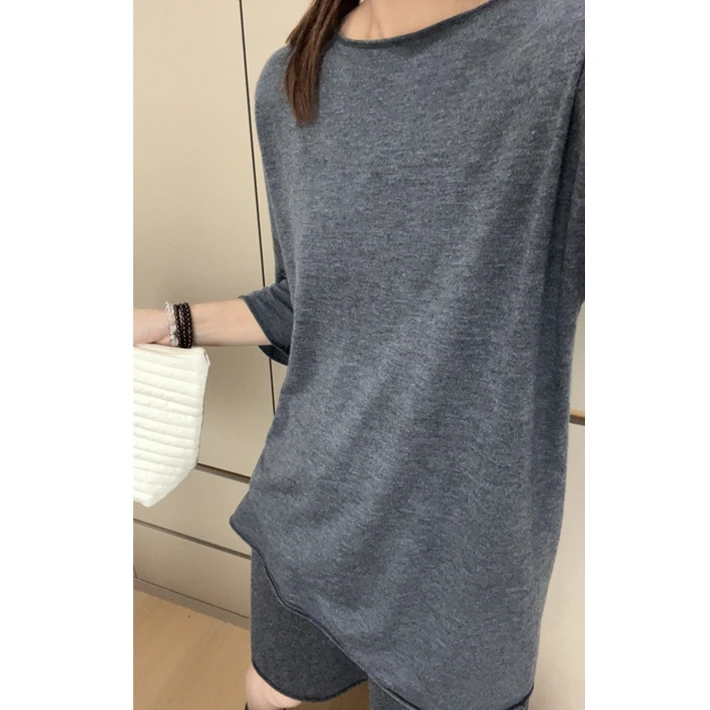 韩系简约山羊绒羊毛精纺圆领针织百搭宽松显瘦慵懒风上衣女