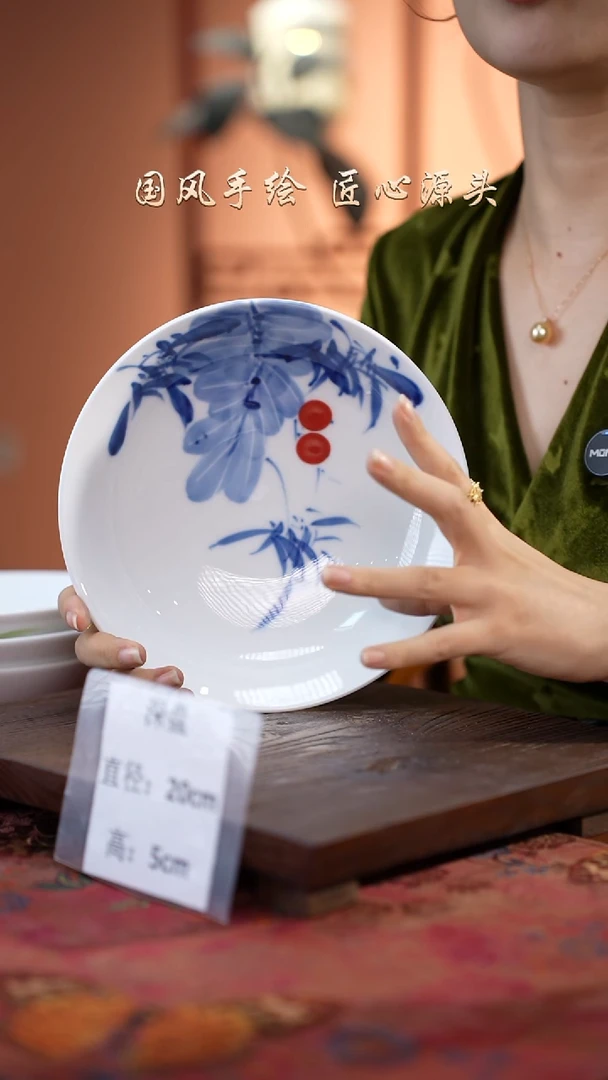 陶瓷景德镇高温釉中彩深盘直径20高5