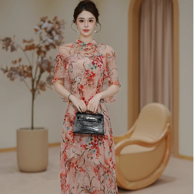 【现货】气质优雅轻奢显瘦国风盘扣披肩连衣裙