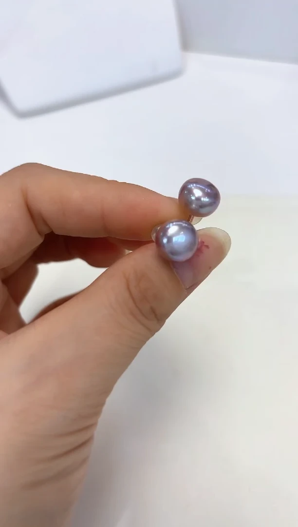 银S925镶嵌淡水珍珠耳饰10MM+馒头无核紫珠