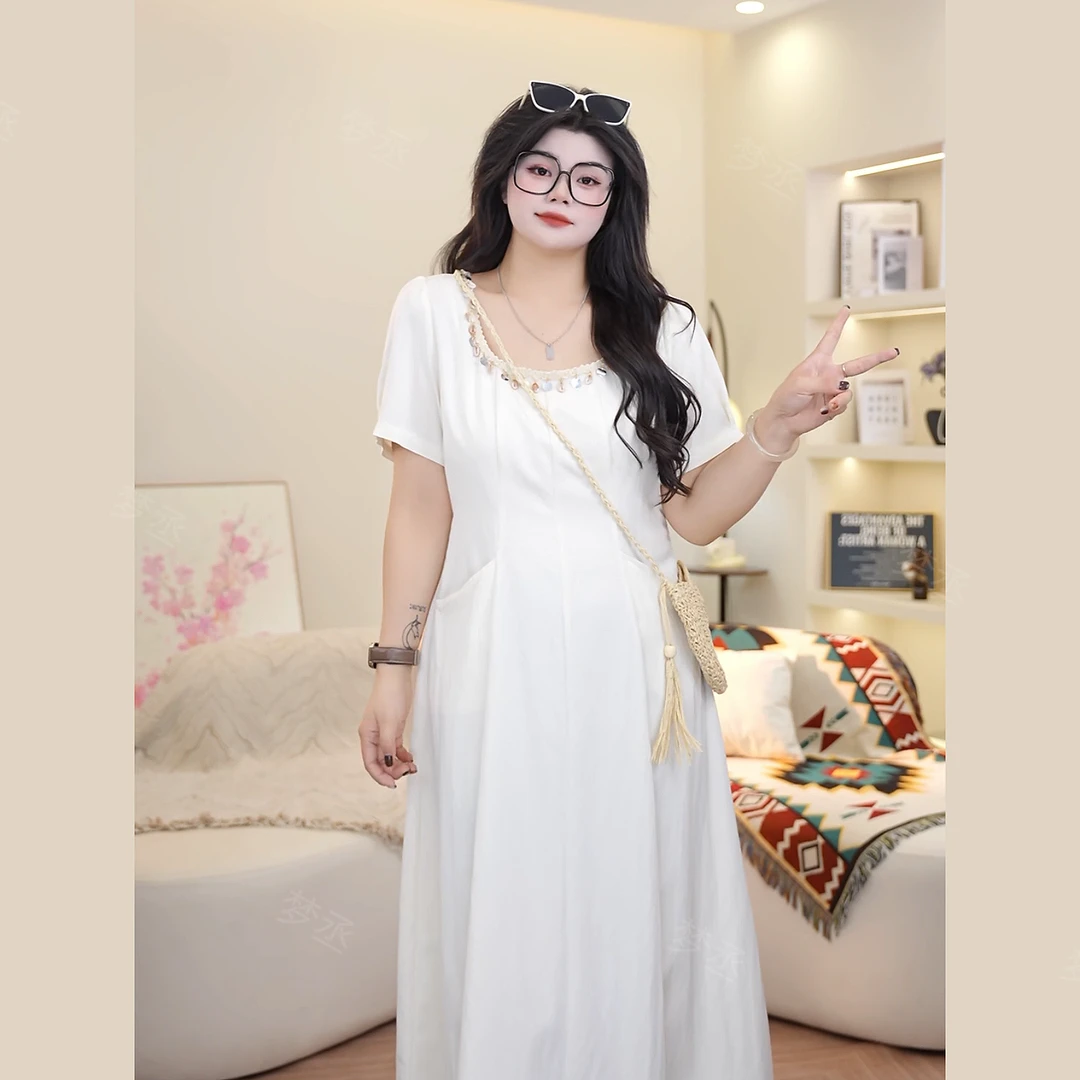 【巴黎夜色】大码女装夏季设计感短袖长裙宽松气质优雅显瘦连衣裙