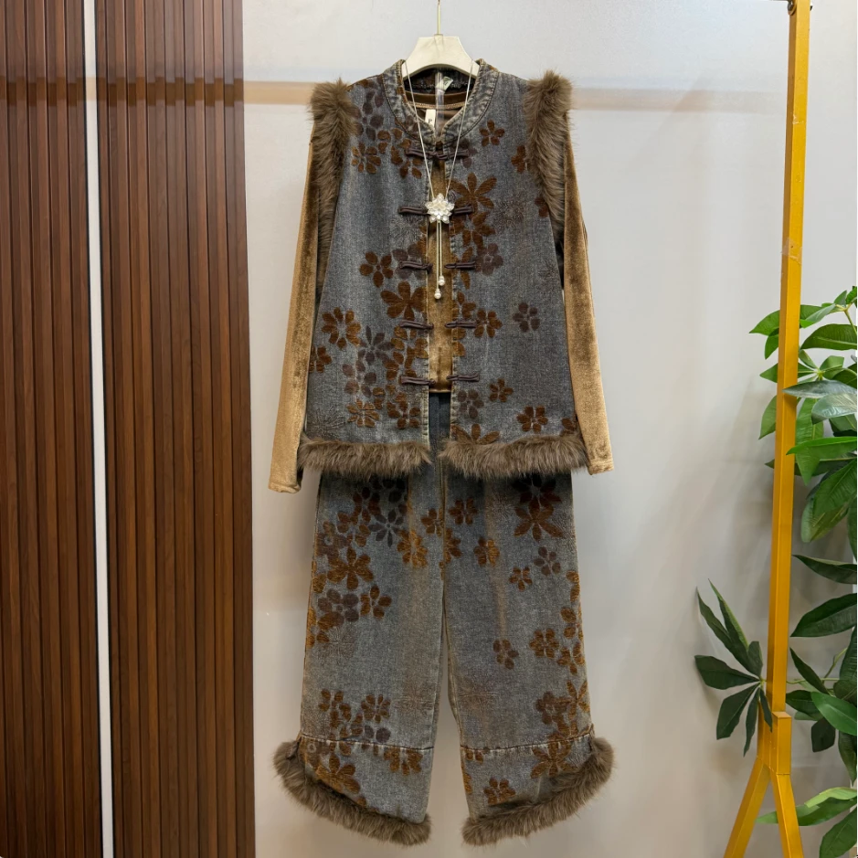 新款大码女装欧货时尚高级轻奢复古风新中式三件套套装