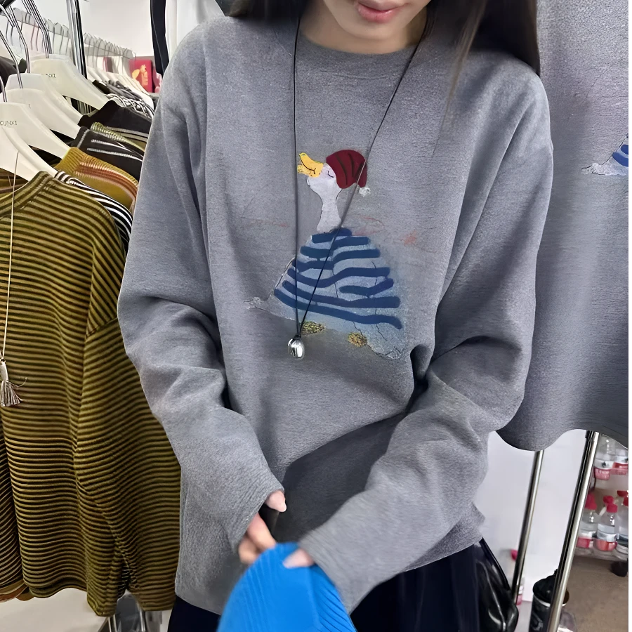 2025新款慵懒风长袖抗起球女宽松秋冬套头T恤印花加厚圆领6039