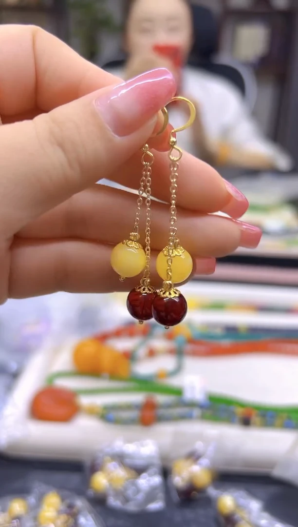 蜜蜡14K金镶嵌耳饰DIY款E150