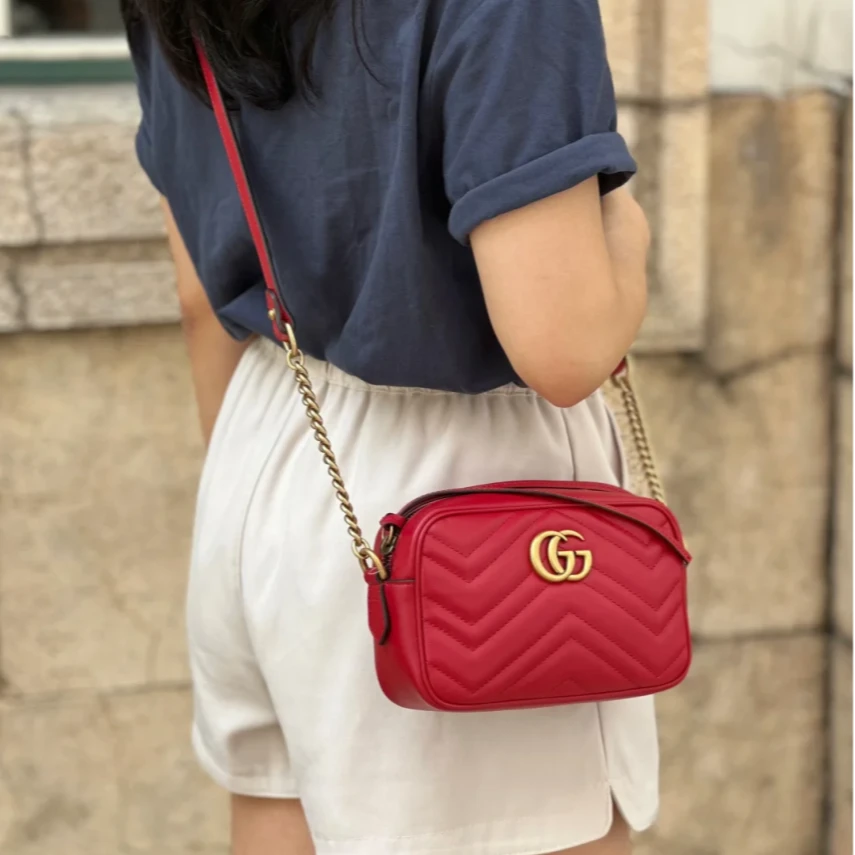 95新 GUCCI/古驰 【娇29】活动GG Marmont 相机包 小号 红色766451