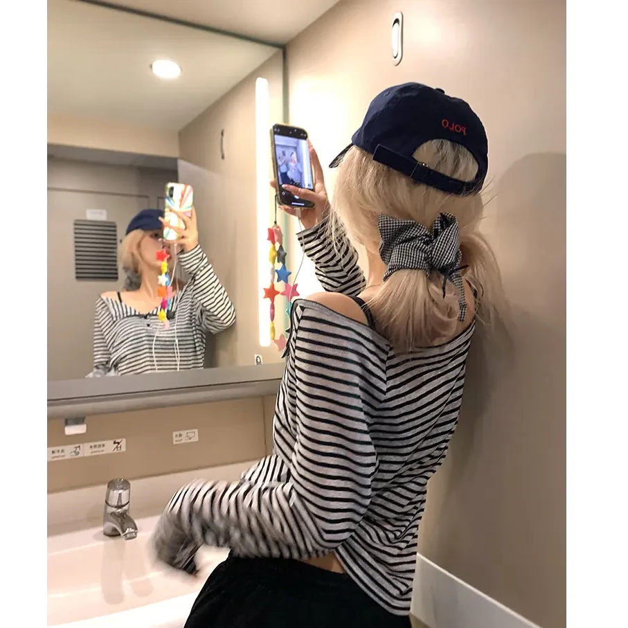 夏韩系高级感条纹撞色防晒长袖气质上衣女显瘦薄款打底衫