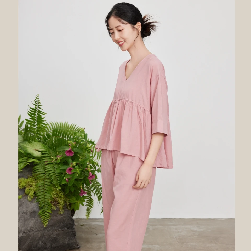 弗劳思夏季女士棉麻短袖长裤宽松家居服套装CH150