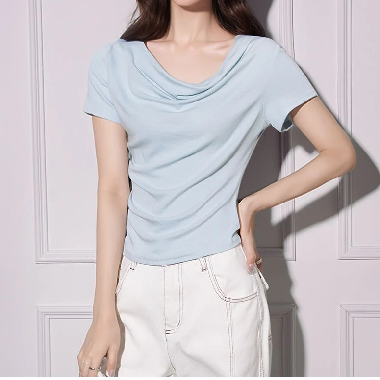 荡领露肩性感短袖T恤女2025夏一字肩纯欲修身上衣