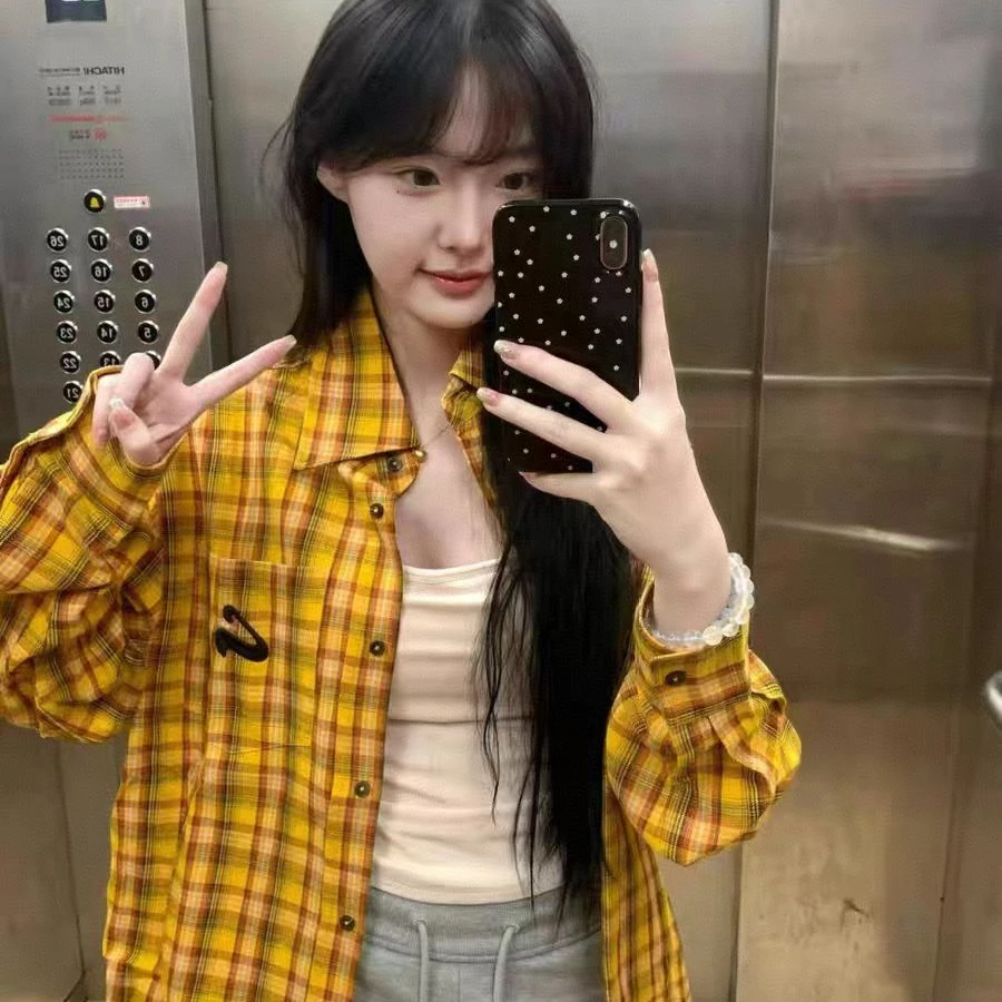 复古黄色格子衬衫上衣女2025春夏新款慵懒风宽松防晒衬衣外套开衫