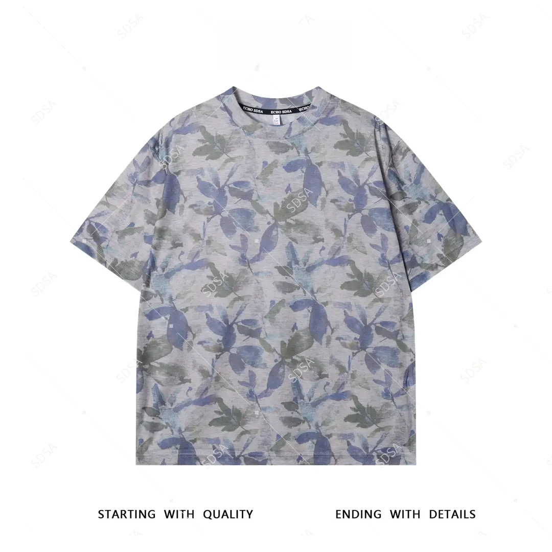 夏季新款男士痞帅水墨撞色花卉图案短袖T恤百搭圆领时尚上衣