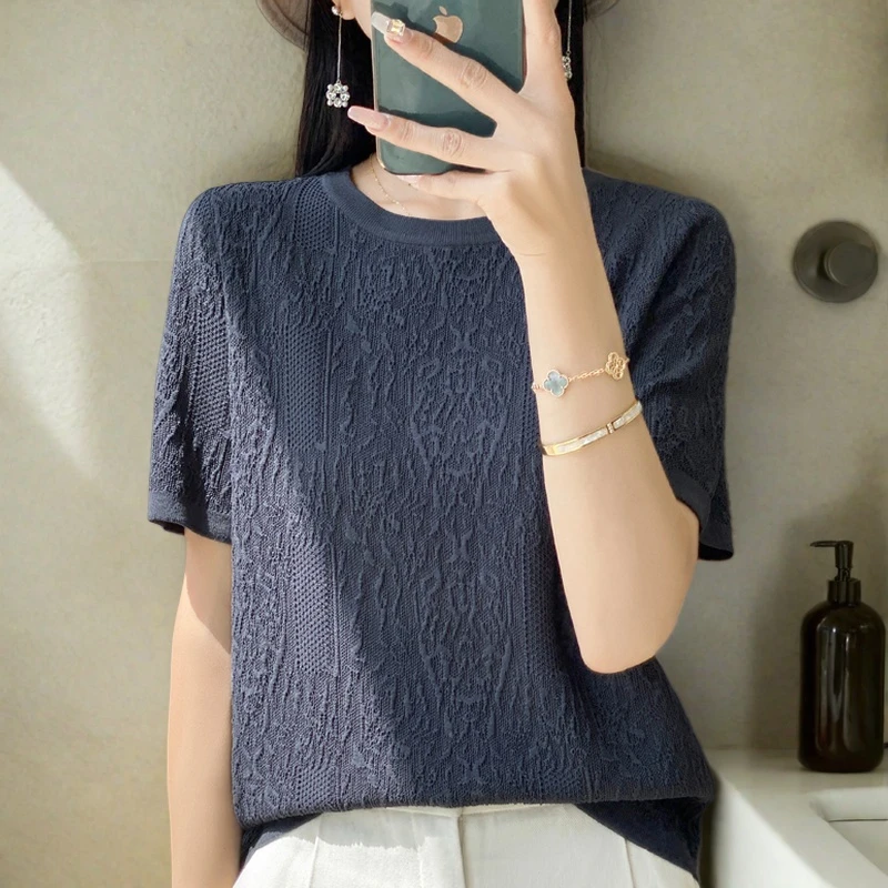 桑蚕丝短袖女款爆款2025新款冰丝女士上衣时尚洋气针织衫T恤夏款