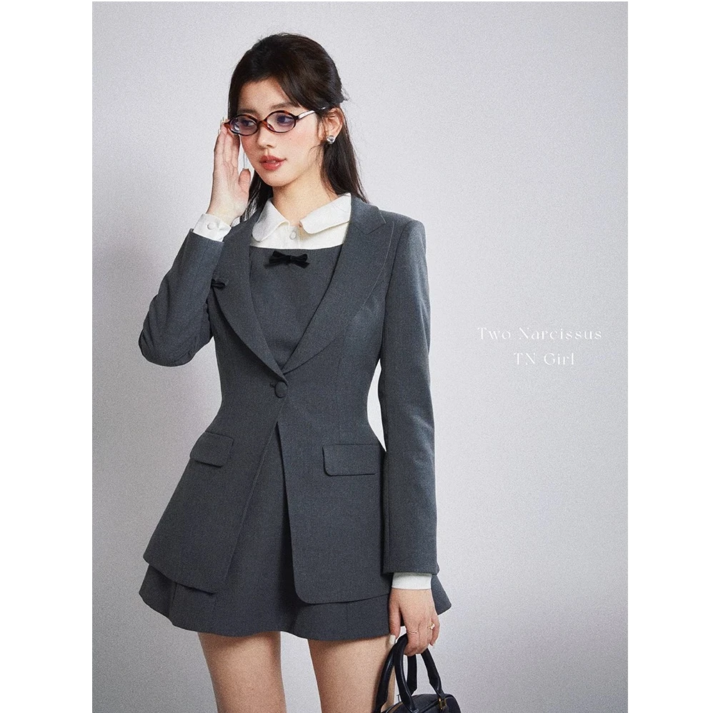 两只水仙 高智女主 miu系蝴蝶结小设计西装外套色织西装面料套装