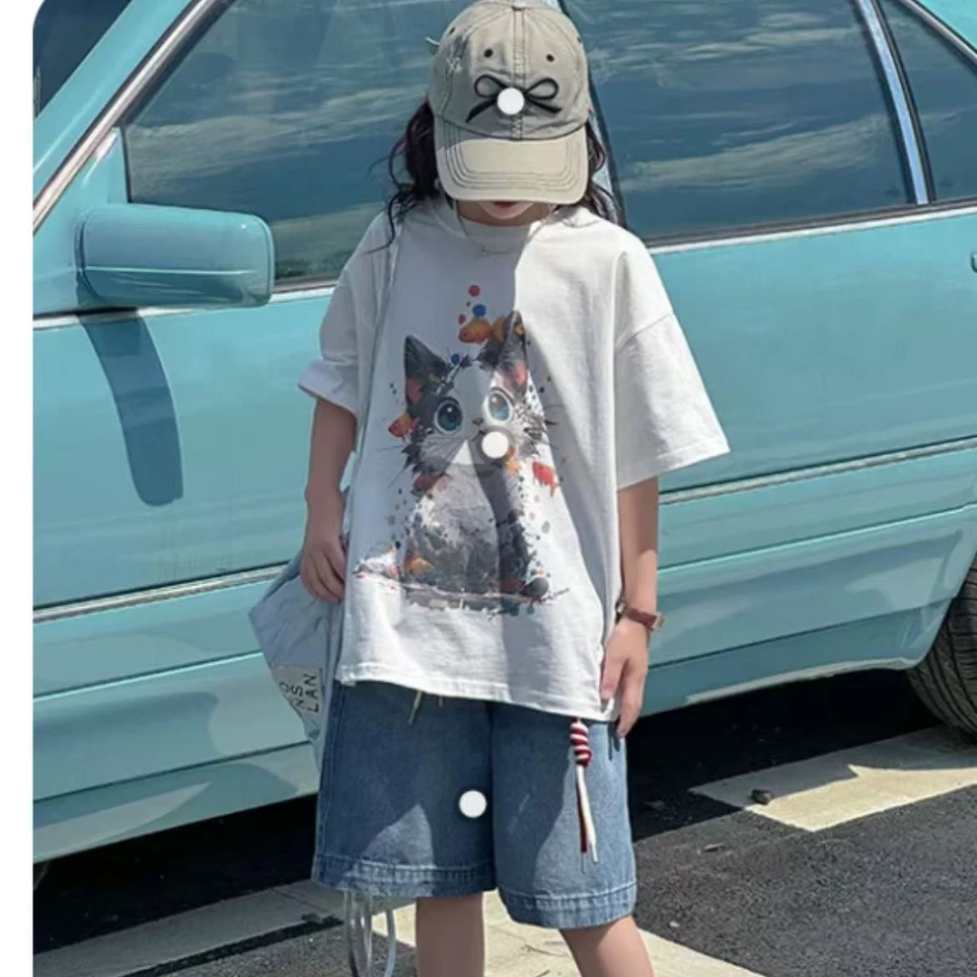 503086  优选韩版定制夏款儿童休闲日常洋气小猫短袖