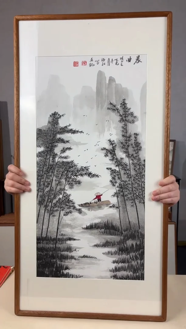 国画手绘*晨曲*47*92cm*原木色木框