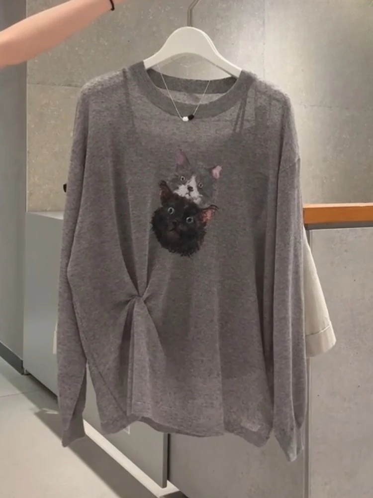 高级独特别致小上衣chic甜辣宽松慵懒风大码灰色小猫印花防晒T恤