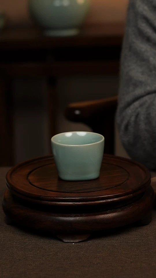 瓷片仿古天青天圆地方杯80ml 微瑕 不带礼盒