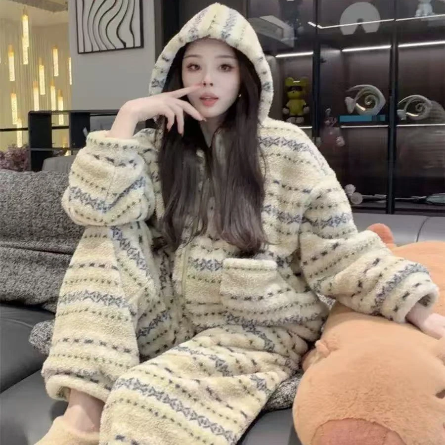 【复古花纹套装】爆款加绒加厚复古连帽女睡衣甜美可外穿家居服套装