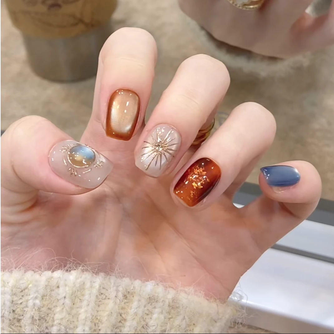 【秋日暖阳】琥珀晕染清透猫眼美甲显白高级气质手工穿戴甲短款