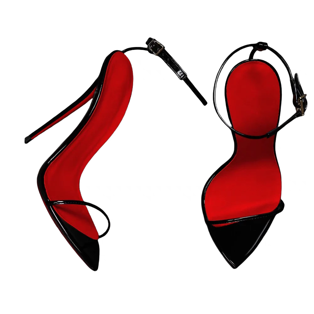 2025超高跟12厘细跟时装凉鞋男女红底百搭性感搭扣一字带凉鞋尖头