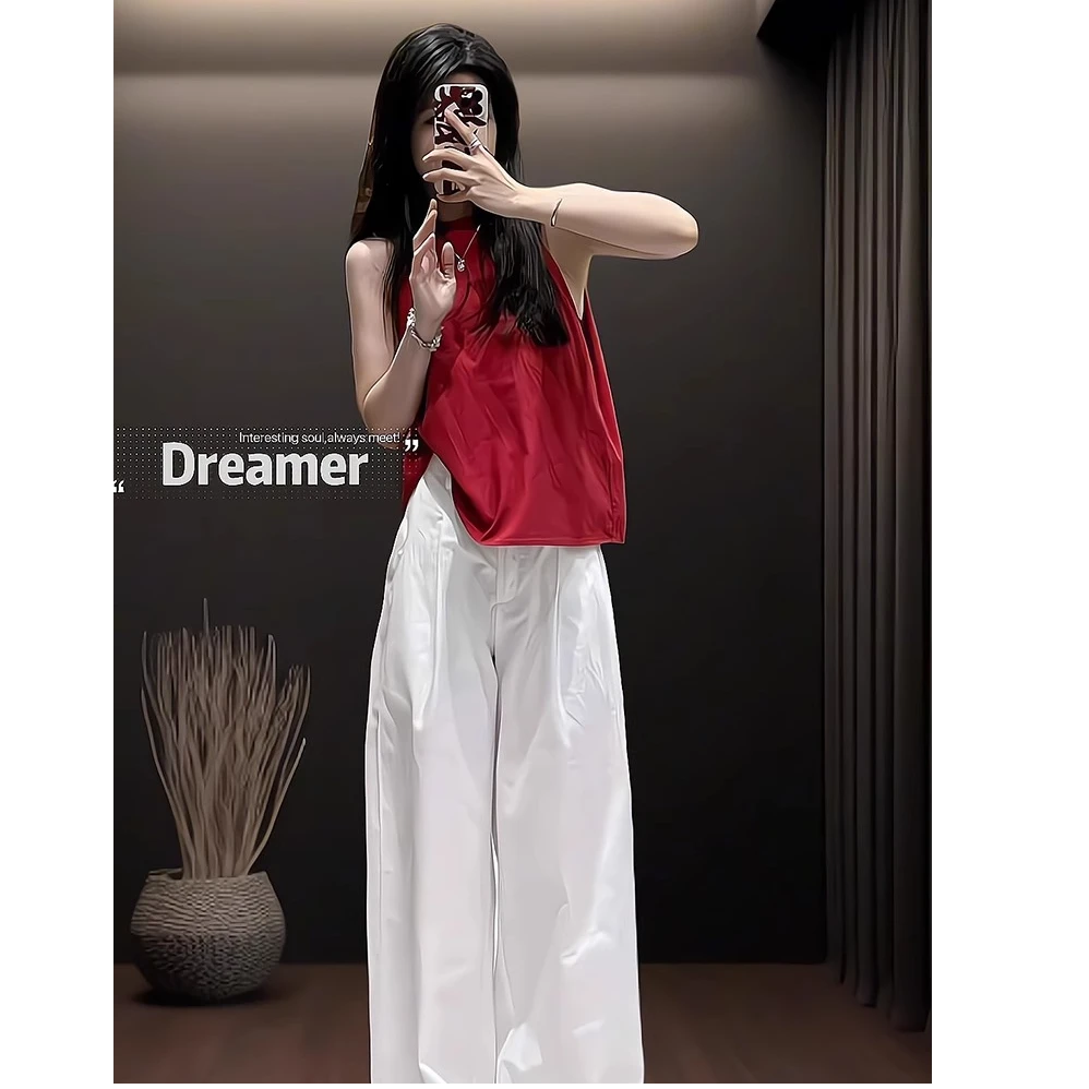 红色挂脖无袖背心上衣2025夏季新款韩系休闲时尚宽松阔腿裤两件套