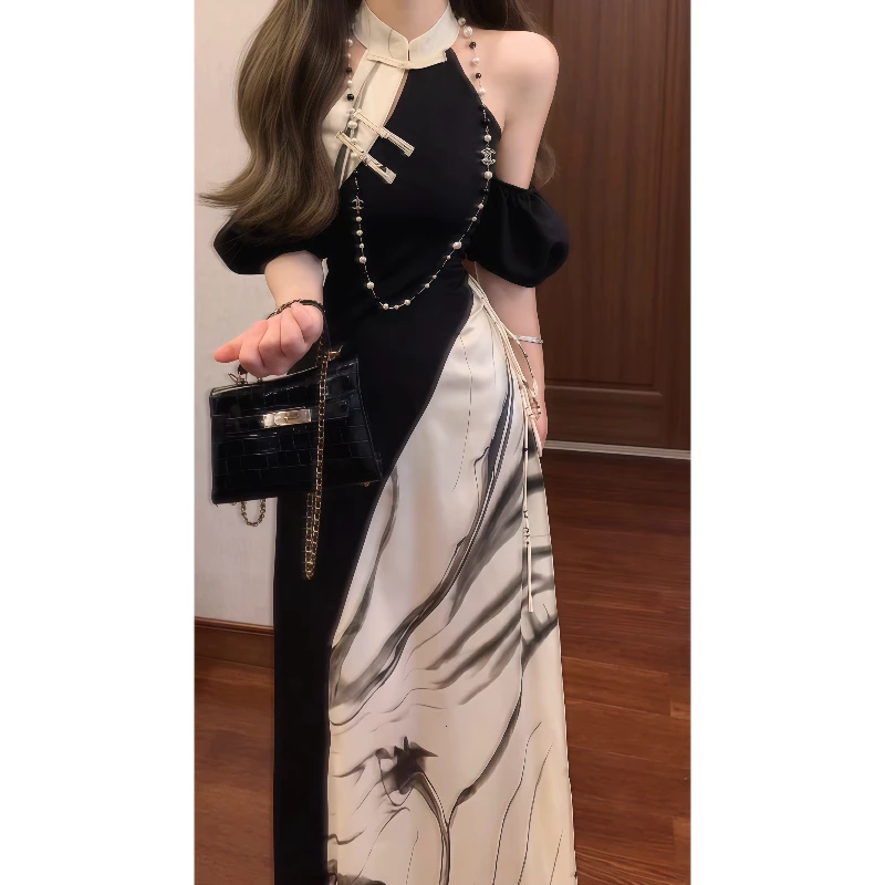 明星同款新中式国风书法拼色改良旗袍连衣裙收腰气质长裙9625