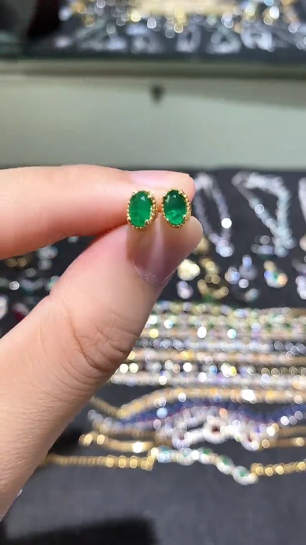 耳饰银S925镶嵌祖母绿耳钉