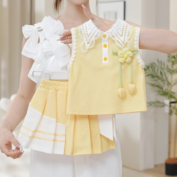2025夏季女童新款黄色郁金香学院风渐变百褶裙套装两件套SA30260