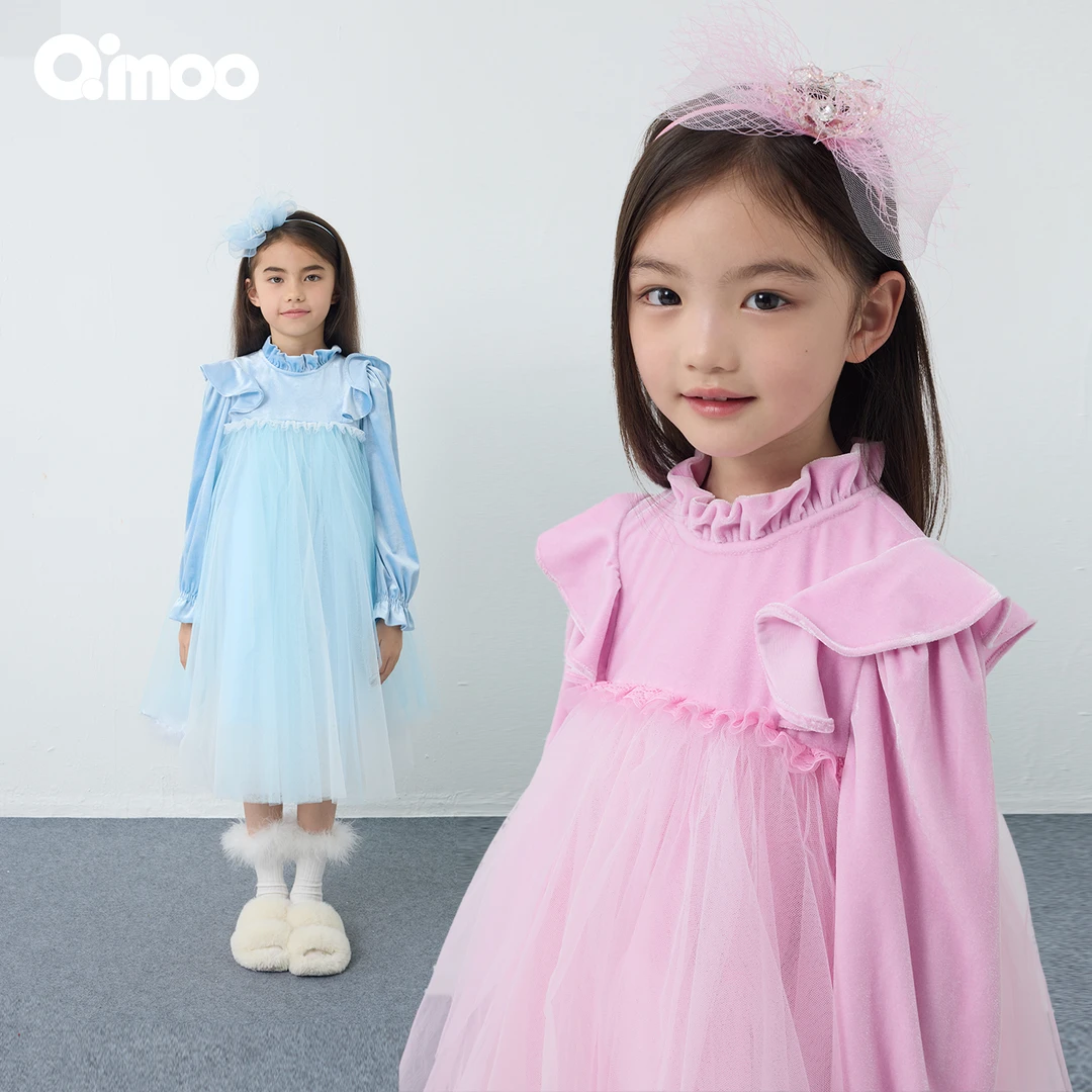 Qimoo/淇木25冬季新款女童丝绒长袖拼纱毛毛公主连衣裙QSS4LP121A
