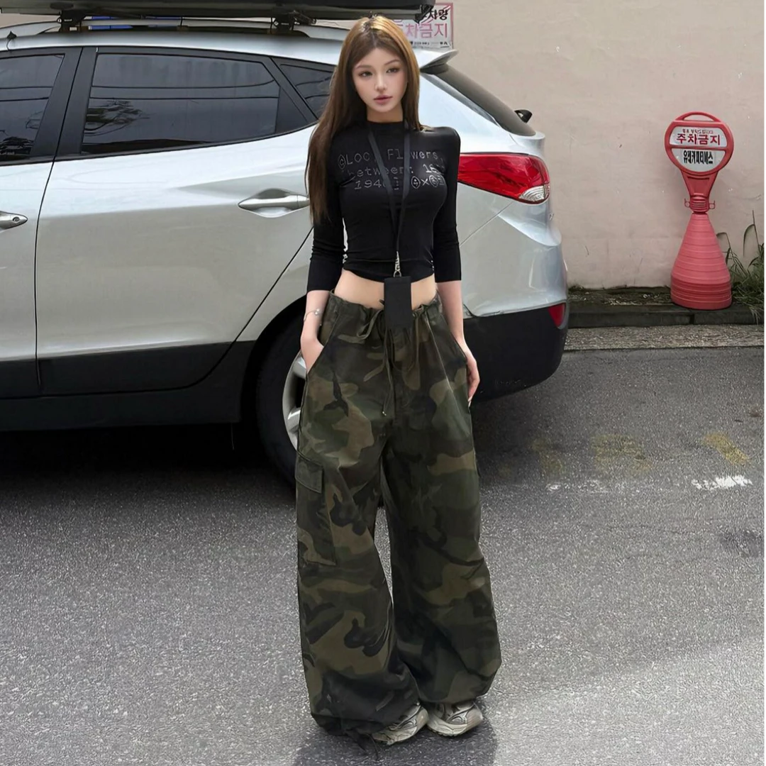 美式复古字母印花T恤女秋季辣妹正肩短上衣宽松迷彩工装阔腿裤子