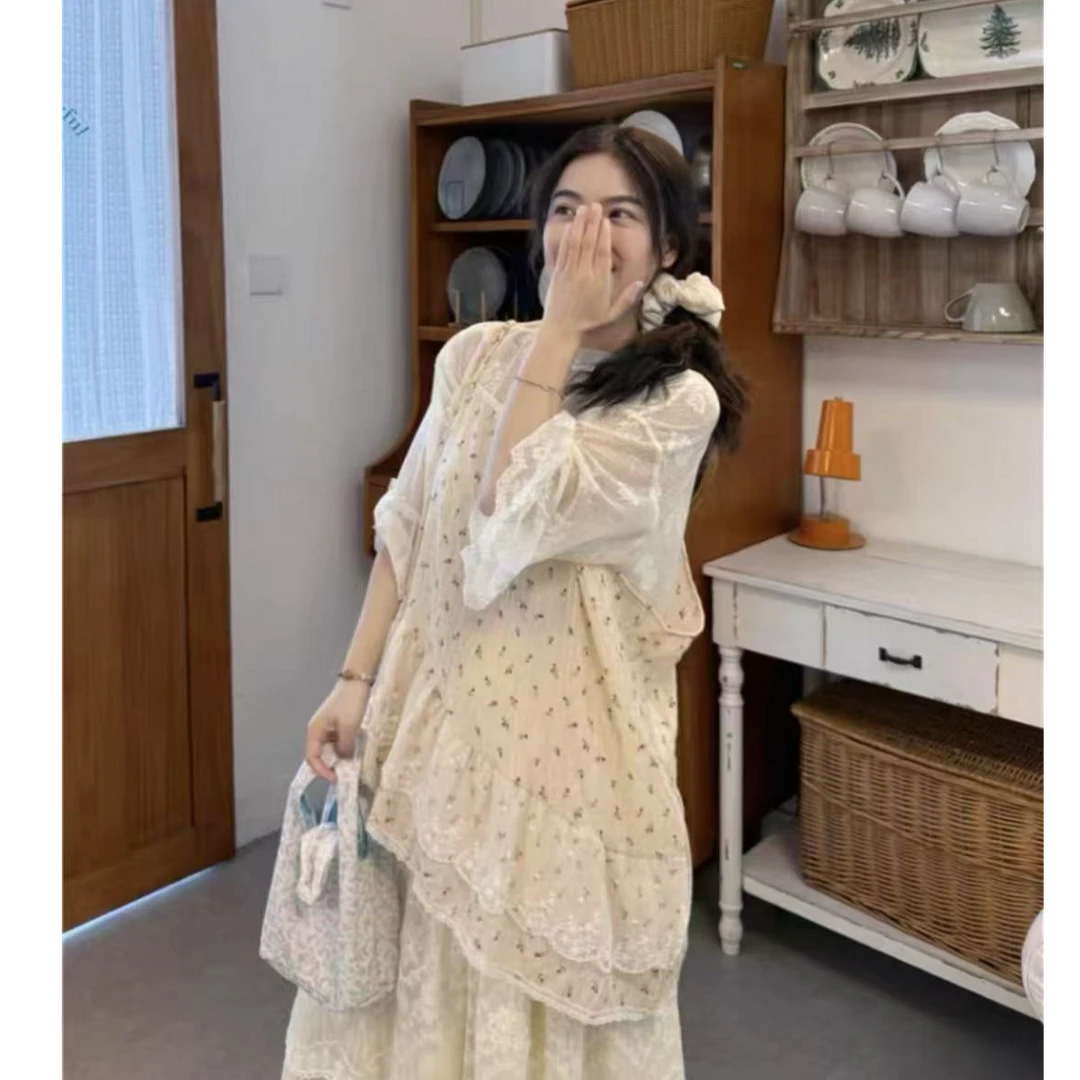 阳阳家时尚简约碎花吊带叠穿蕾丝内搭小众花边半身裙三件套um7117